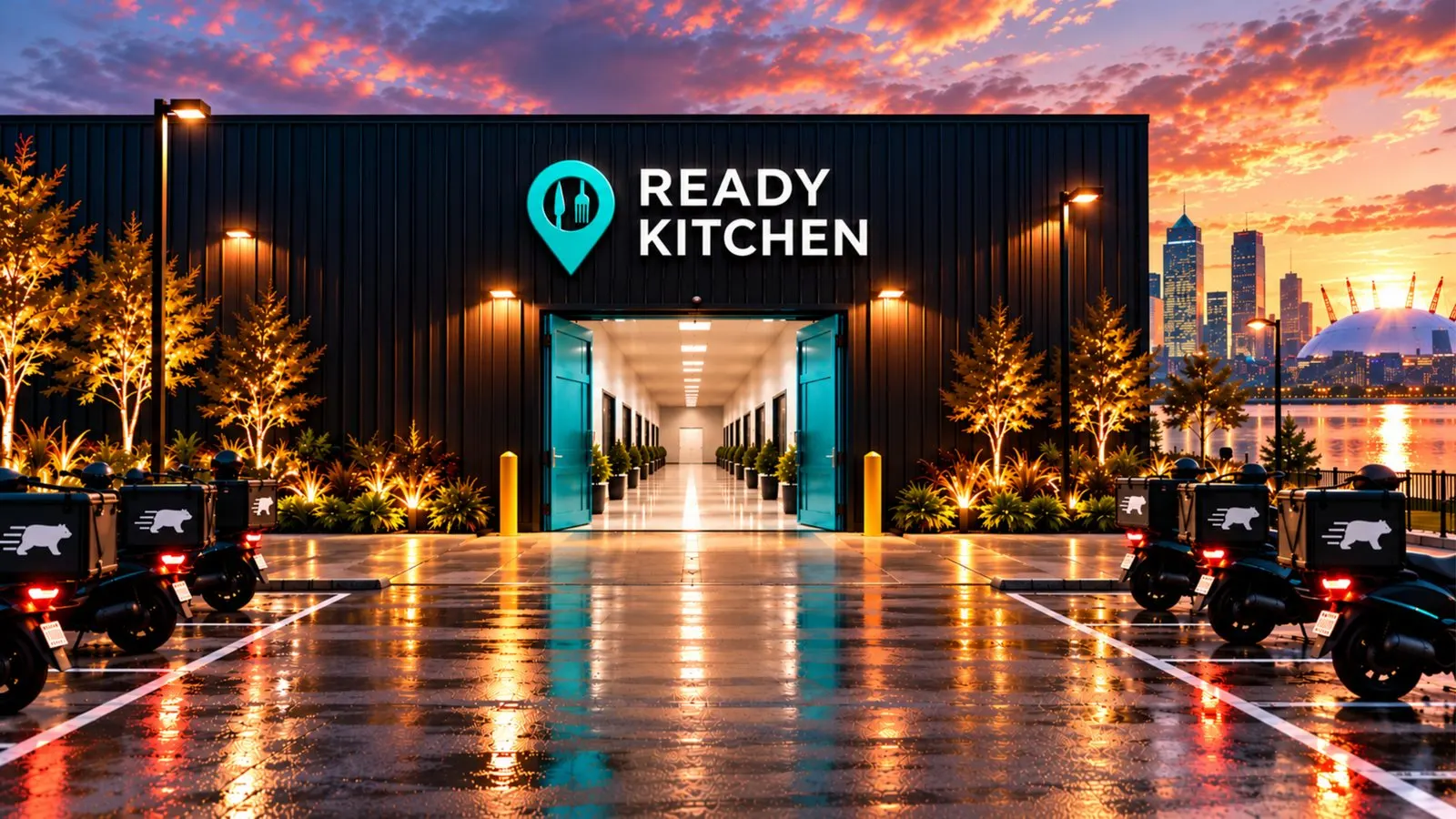 Walking up to the Ready Kitchen building at dusk, with delivery riders parked outside