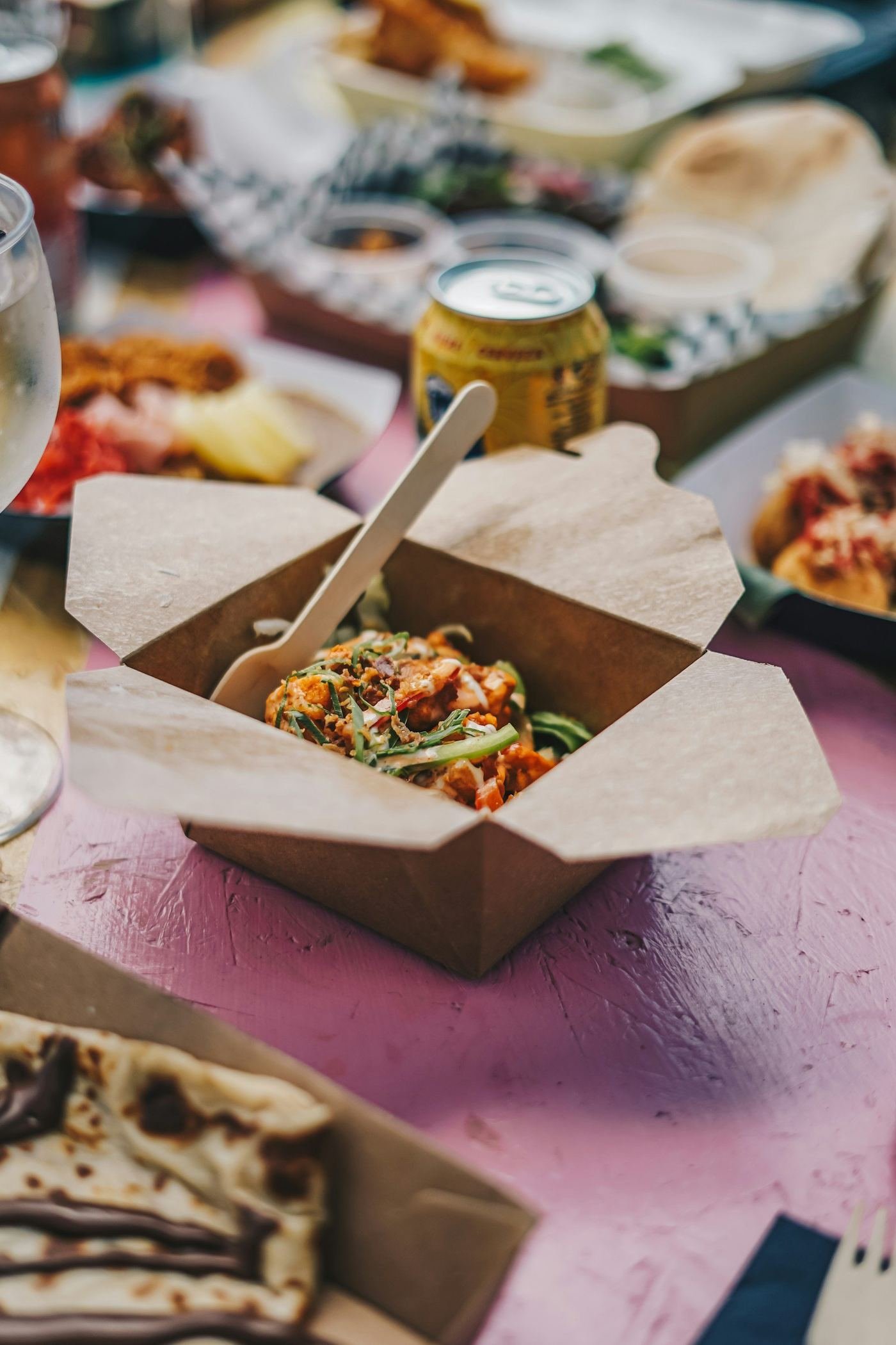 Takeaway boxes of food packed and ready for delivery