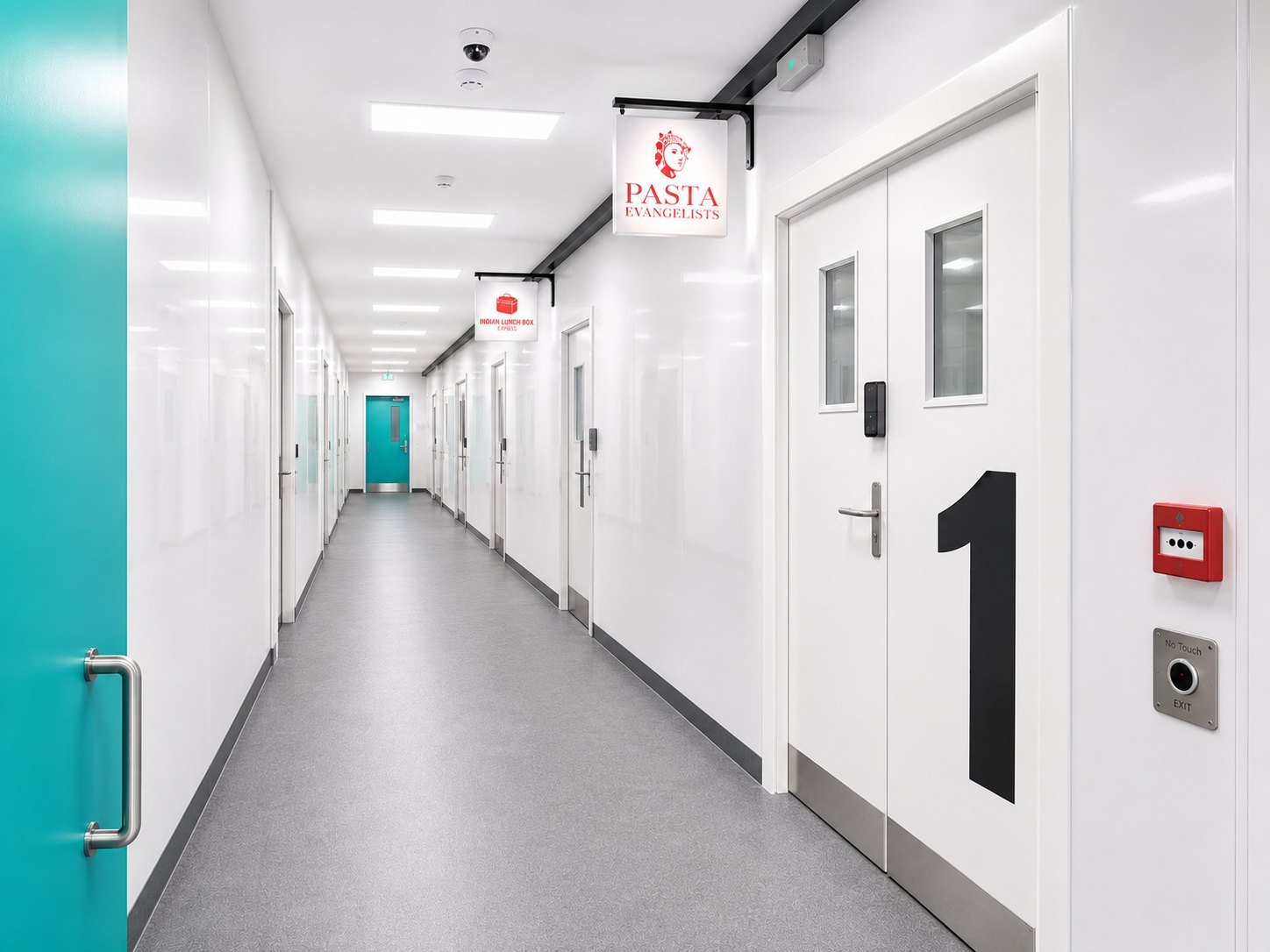 Bright corridor with numbered kitchen doors and brand signs