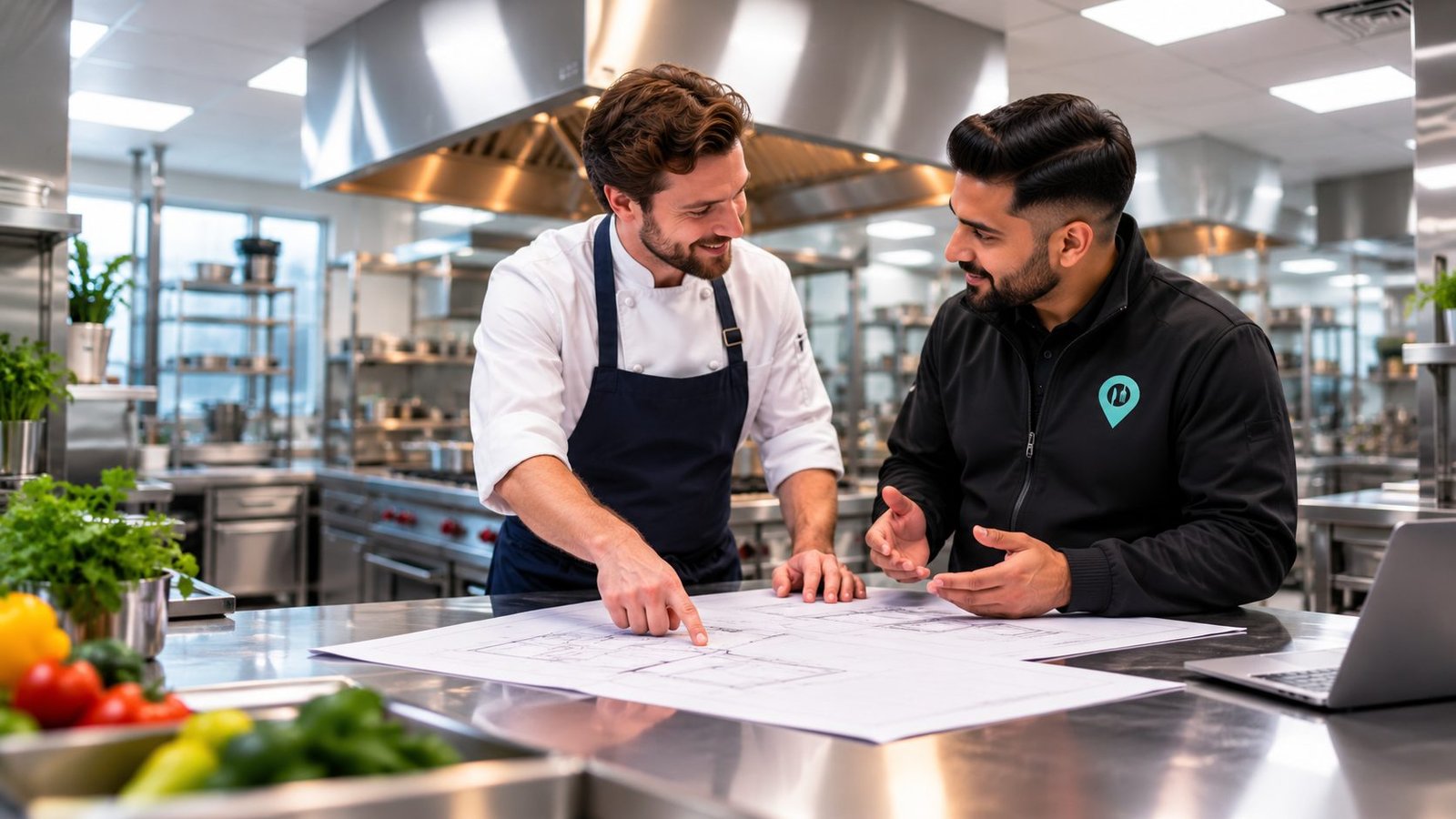A Ready Kitchen team member talking through kitchen plans with a chef